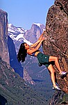 daniela bouldering in front of yosemite valley
